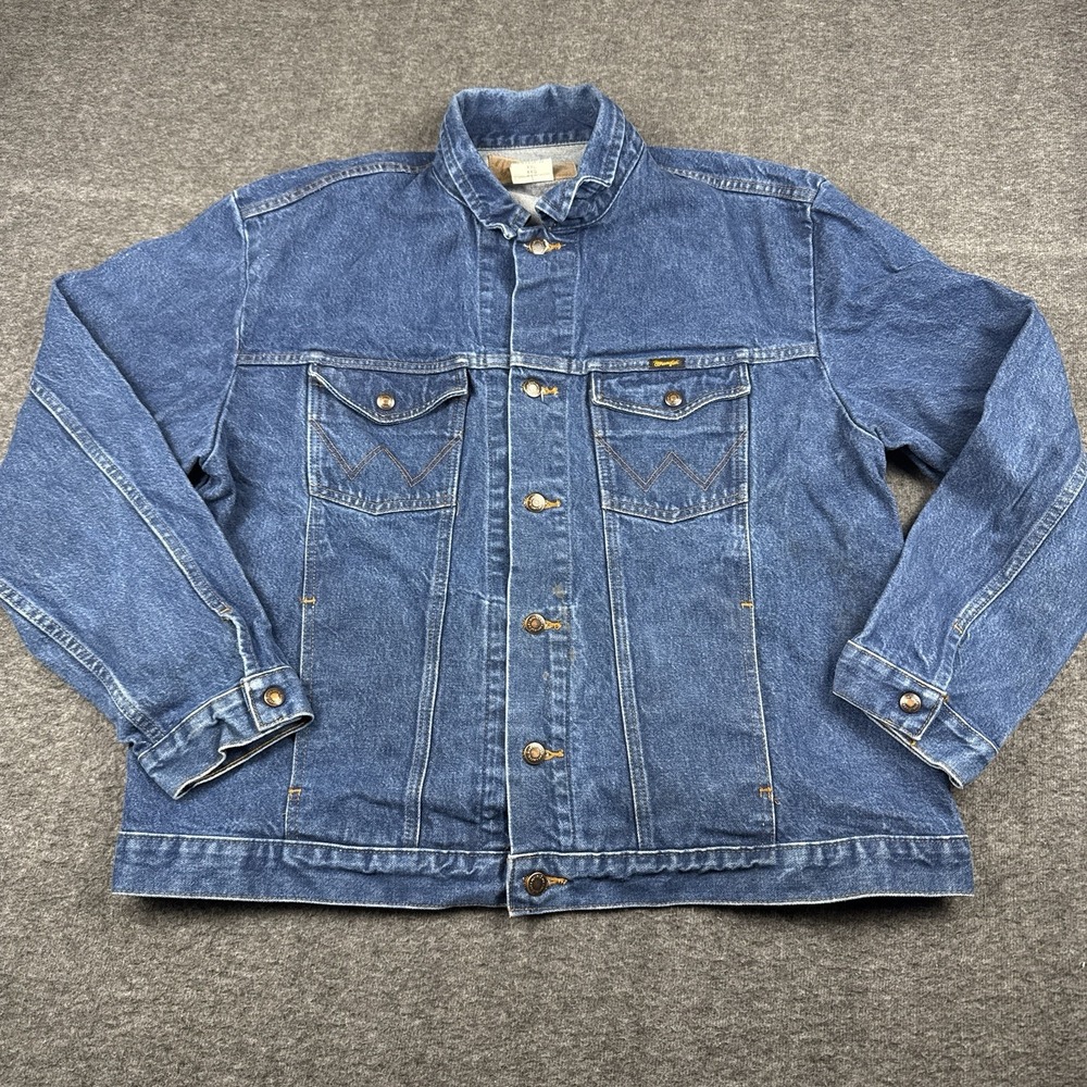 VTG Wrangler Jacket Mens 2XL XXL Jean Jacket Trucker Work Blue Button Distressed